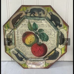 Vintage Decoupage Glass Plate – Apples & Woodland Animals Signed John Derian ‘93